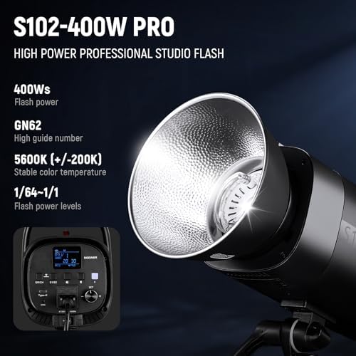 NEEWER S102-400W PRO Flash Lighting Kit (2 Pack) with 2X 2.4G Trigger, 2X Photography Light Stand, 2X Softbox, 5 in 1 Reflector, Bag, 400Ws GN62 5600K 30W LED Modeling Lamp Bowens Mount Silent Fan