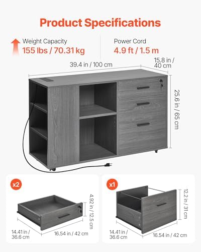 VEVOR 3 Drawer Wooden File Cabinet, Mobile Filing Cabinet with Power Strip, Lockable Rolling File Storage with Adjustable Shelves & 5 Wheels, Floor Standing Printer Stand for Home Office School, Gray