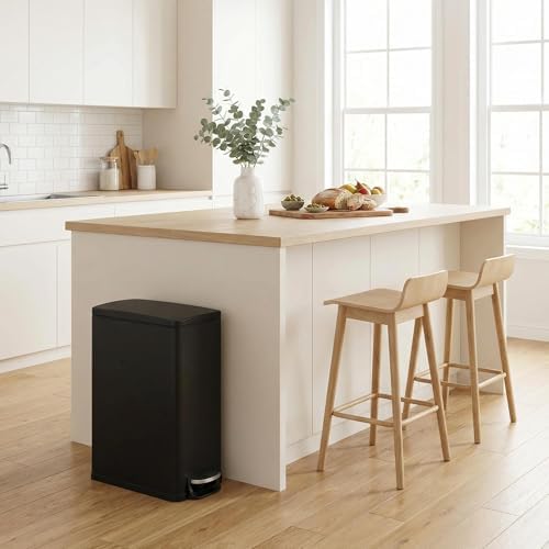 PrecisionAuto 12 Gallon Slim Trash Can with Lid, 45L Stainless Steel Step Garbage Can with Soft-Close Lid & Inner Bucket, Narrow Kitchen Garbage Bin, Metal Wastebasket for Home/Office, Black