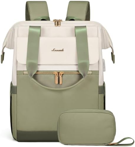 LOVEVOOK Laptop Backpack for Women, 15.6 Inch Work Laptop Bag with USB Port, Fashion Teacher Nurse Backpack Purse, Waterproof Travel Computer Backpack with Organizer Bag, 2PCS, Beige-Bean Green