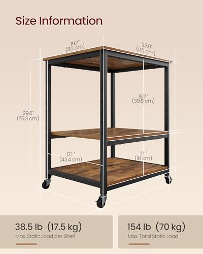 VASAGLE 3-Tier Printer Stand with Locking Wheels, Under Desk Printer Table