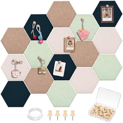 12x10 in 16 Pcs Hexagon Cork Board Tiles, Felt Pin Boards, Green