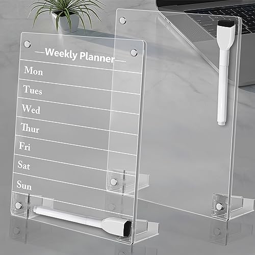 2PCS Clear Acrylic Weekly Dry Erase Board Desktop, 12x8 Small Magnetic Whiteboard with Stand for Desk Calendar Memo Board for Fridge, Office, School, Home