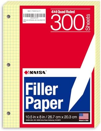 KAISA Loose Leaf Notebook Paper, 4x4 Quad Graph Ruled, 300 Sheets Per Lined Paper, 8" x 10.5", 3 Hole Punched for 3 Ring Binder, Canary, Made In USA