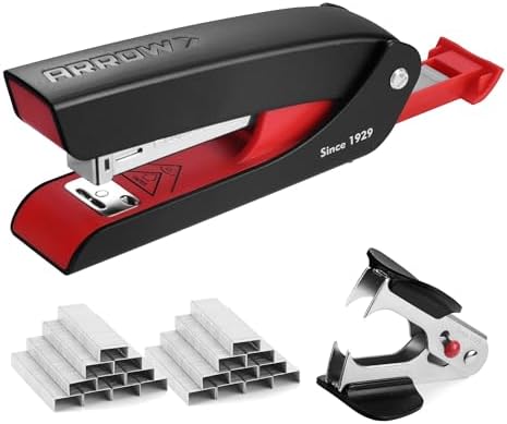 Arrow Office Stapler Set, 25 Sheet Capacity Metal Desk Stapler with 2100 Staples and Staple Remover, Half Strip Design and Non-Slip Base, Spare Staple Storage for Classroom, Office and Home