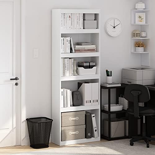 Furinno JAYA Book Shelf, 5-Tier Bookshelf, Enhanced Home Bookcase with Adjustable shelf, 9.5" x 24.5" x 71.1", for Organization and Storage, for Living Room, Bedroom, Home Office, White