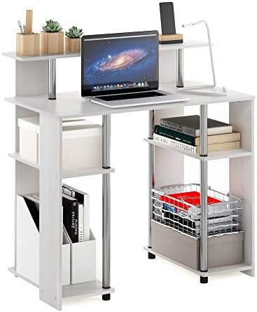 35.3 Wide Gaming Desk with Raised Hutch and Open Shelf, Simple Design Computer Writing Desk, Office Desk for Bedroom, Home Office, White Oak/Stainless Steel