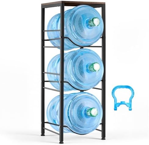 VEVOR 5 Gallon Water Jug Holder for 3 Bottles, 4-Tier 3 or 5 Gallon Water Bottle Holder with Top Shelf, Handle, Heavy Duty Jug Rack Organizer, Detachable for Kitchen, Home, Office, Black+Brown
