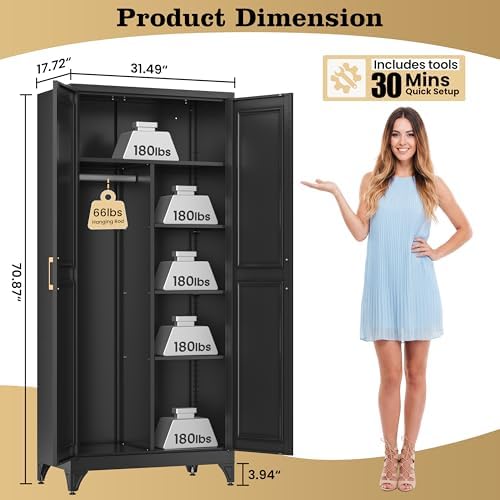 71" Metal Storage Cabinet with Hanging Rod, Black Tall Wardrobe Closet with 3 Adjustable Shelves, Heavy Duty Steel Office Armoire, Modern Minimalist Design for Bedroom, Laundry Room