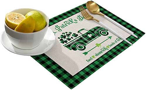 St. Patrick's Day Placemats Set of 4, Farm Buffalo Plaid Truck Shamrock Clover Cotton Linen Heat Resistant Table Mats Washable Spring Holidays Decorations For Kitchen Dining Table Green Black