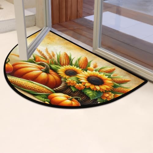 Sunflower Pumpkin Half Round Door Mat Non Slip Washable Semi Circle Area Rug Absorbent Soft Half Moon Rug Floor Mat for Indoor Outdoor Kitchen Bathroom Patio Front Door Mat Decor