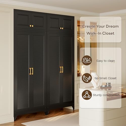 71" Louvered Black Metal Storage Cabinet with Doors and Shelves, Steel Armoire Wardrobe Closet with Sturdy Hanging Rod for Home Office Bedroom, 18" Deep
