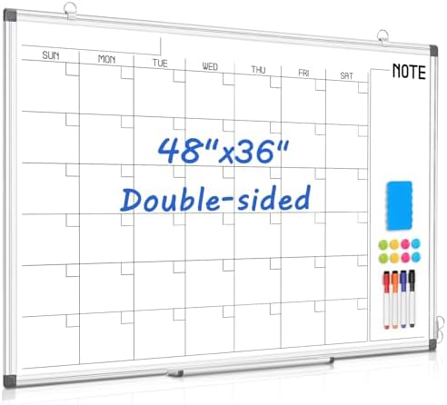 WALGLASS Large Calendar Whiteboard 48x36 Double-Sided Dry Erase for Wall