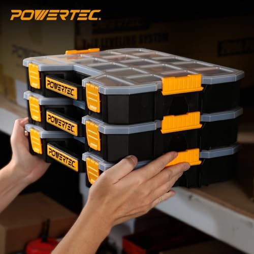 POWERTEC Stackable Tool Box Organizer with Removable Dividers - 17 Compartments, Interlocking, Portable Design, 2-Pack (72118-P2)