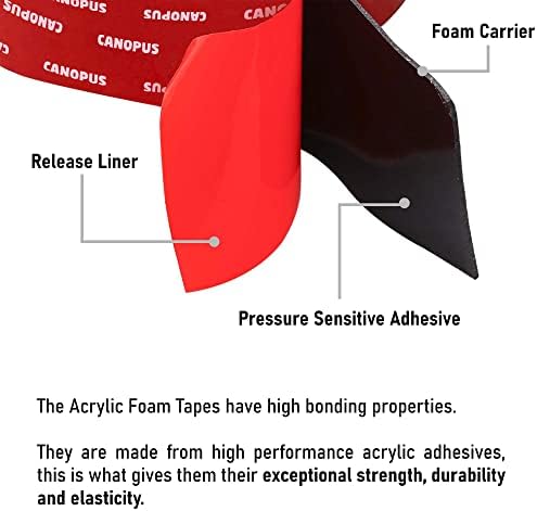 CANOPUS Double Sided Tape, 5952 Heavy Duty Mounting Tape, Strong Bond & Weatherproof Seal Strip for Automotive Mounting, Picture and Photo Frame, Poster, Craft, 2 in x 15 ft, Black, Made in USA