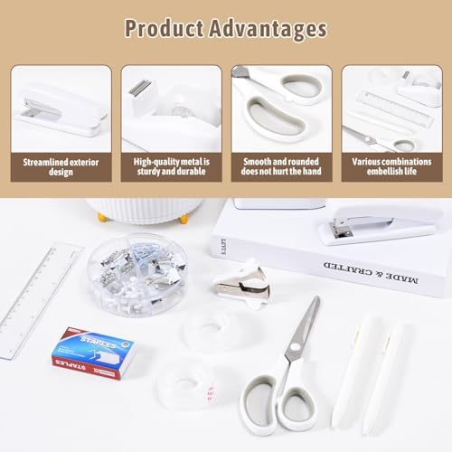 Gawsey White Desk Organizers and Accessories with Desk Organizer 360° Rotating Pen Holder and Office Supplies, Cute Stationery Supplies Set