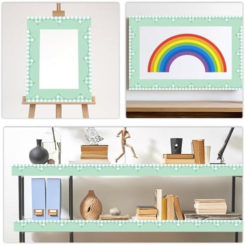 50ft Checkered Bulletin Board Borders, Checkerboard Straight Trim Border with Scalloped Edge Print, Classroom Decor for Chalkboard Whiteboard Back to School Supplies, Green and White