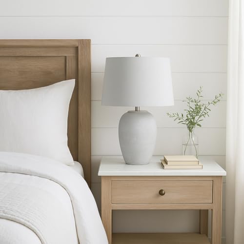 Nourison Home 23" Vintage Grey (White Washed) Ceramic Pot Table Lamp for Bedroom, Living Room, Dining, Office, with Grey Shade