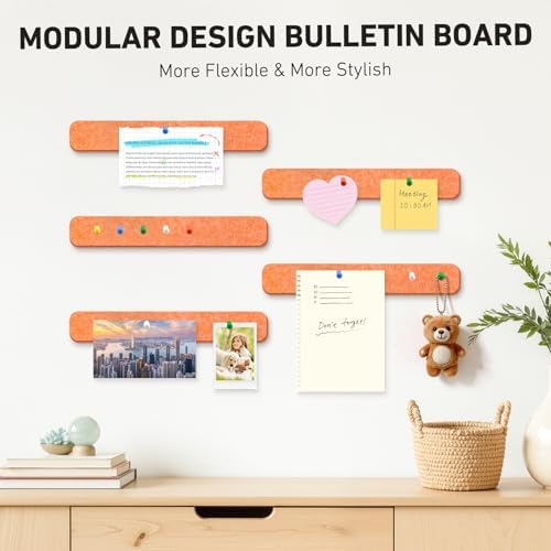 HAUTOCO Felt Bulletin Strips 5 Pack, 13" x 2" Self Adhesive Pin Board with 20 Push Pins, Peel and Stick Memo Board for Photos, Notes & Wall Decor, Dorm Room, Bedroom, Office, Sunset Yellow