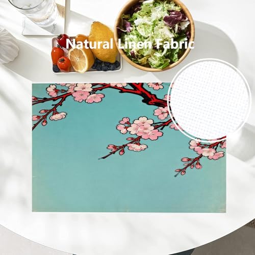 Batmerry Shabby Chic Cherry Blossom Linen Placemats Set of 6, Turquoise Vintage Washable Table Mats for Kitchen Table Thickened Heat Insulation Dining Set Indoor Outdoor 12X18 in