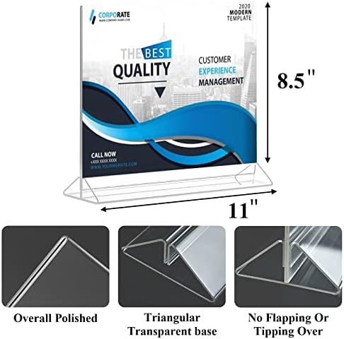 Horizontal Acrylic Sign Holder 8.5 x 11 - Double Sided T Shape Menu Table Stands, Plastic Paper Flyer Display Stand, Clear Picture Photo Frames for Wedding, Office, Store, Restaurant (6 Pack)