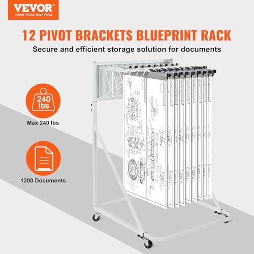 VEVOR Mobile Blueprint Storage Rack, Plan Holder with 12 Pivot Brackets, Mobile Blueprint Holder Adjustable Height & Length, Poster Display Rack for Office and Home (Rack Only Without Clamps)