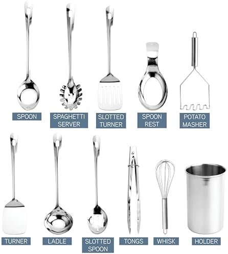 COOK WITH COLOR Kitchen Utensil Set - premium Nonstick & Heat Resistant Kitchen Gadgets, Turner, Spaghetti Server, Serving Spoons, Whisk, Tongs, Masher & Utensil Holder, 10-piece Stainless Steel