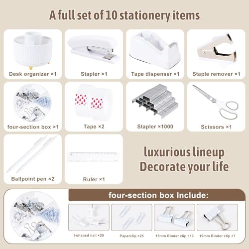 Gawsey White Desk Organizers and Accessories with Desk Organizer 360° Rotating Pen Holder and Office Supplies, Cute Stationery Supplies Set