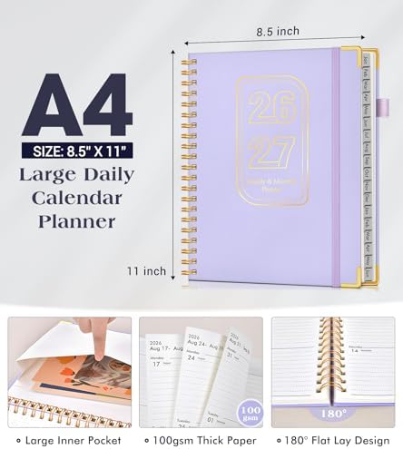 Academic Planner 2026-2027, Weekly and Monthly Hardcover Planner, July 2026 - June 2027, 8.5" x 11" A4 Large Daily Calendar Planner Book with Tabs, Spiral Yearly Agenda Organizer Notebook for School Work Home, Purple