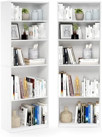 Furinno Jaya 5-Tier Book Shelf with Open Shelf Set of 2, Plain White