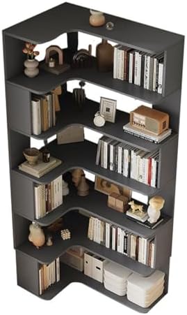 Vertical Wall Corner Shelf with Open Back 7-Shelf Wood Corner Bookshelf Floor Book Rack Multi-Layer Storage Shelf Against the Wall Bookcase Grey 35" L x 24" W x 75" H