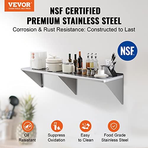 VEVOR 18" x 72" Stainless Steel Shelf, Wall Mounted Floating Shelving with Brackets, 500 lbs Load Capacity Commercial Shelves, Heavy Duty Storage Rack for Restaurant, Kitchen, Bar, Home, and Hotel