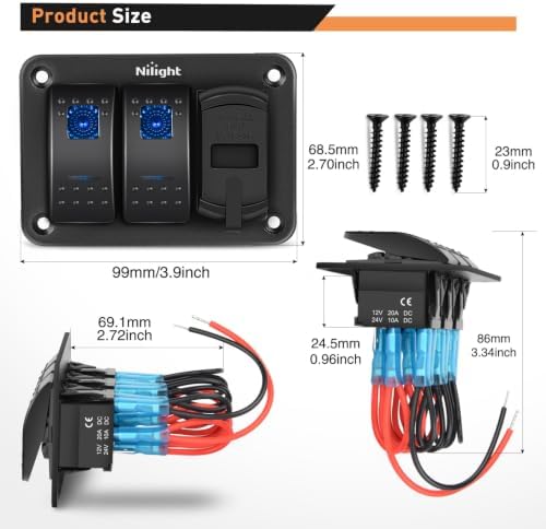 Nilight - 90116C 2 Gang Rocker Switch Panel with 4.8 Amp Dual USB Charger Voltmeter Waterproof 12V-24V DC Rocker Switch with Night Glow Stickers for CarsTrucks Boats RVs,Blue
