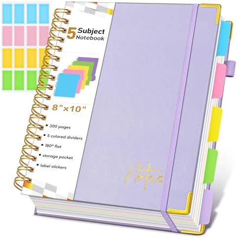 Spiral Notebook Journal with Removable Dividers Tabs, 300 Pages Hardcover Leather 5 Subject College Ruled Notebook, 8"x10" Large B5 Lined Journal for Women Men, Spiral Notebooks for Work School,Purple