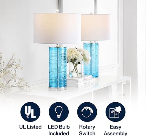 JONATHAN Y Cole 27.5" Fused Glass Table Lamp, Turquoise, Set of 2