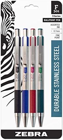 Zebra Pen STEEL F-301 Ballpoint Pen, Black, Blue, Red, Green, 0.7mm, 4-Pack
