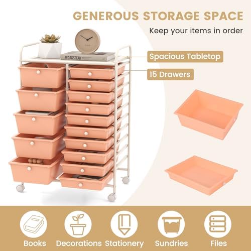 COSTWAY 15 Drawer Rolling Storage Cart, Mobile Utility Cart with Lockable Wheels, Drawers, Multipurpose Organizer Cart for Home, Office, School, Peach