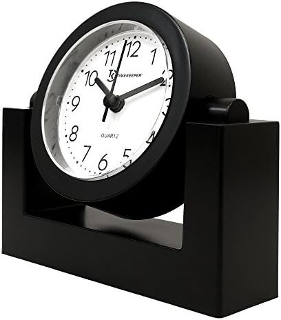 Timekeeper Small Desktop Swivel Clock for Desk, Battery Operated, 6.75" Wide x 2" Tall, Black Frame White Face