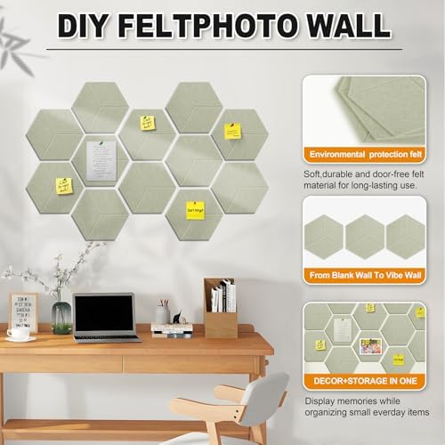 12-Pack Hexagon Cork Board Alternative for Walls Decor, 38.2" x 38.2" Large Felt Bulletin Board, with Pushpins, Damage-Free Adhesives, Thick Pin Board for Office, Home (Sage Green)