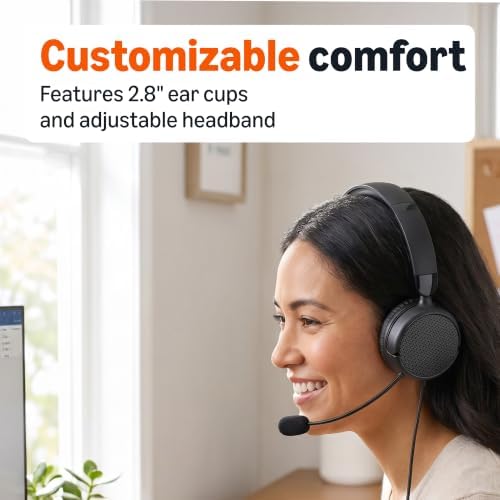 Amazon Basics On Ear Wired Computer Headset with Adjustable Microphone, 3.5mm Port or in-Line Control with USB-A Port, Foldable, Clear Sound, Small/Medium Size, Black