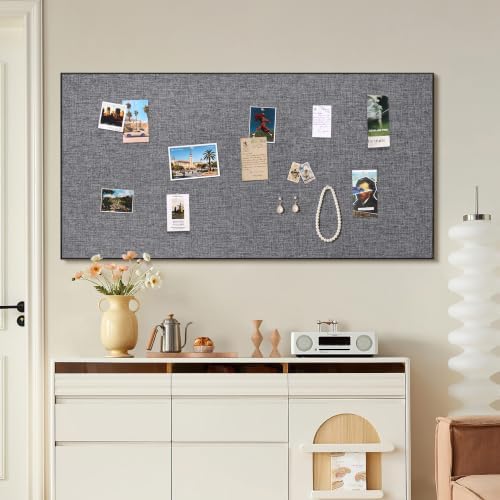 SELEAD Linen Bulletin Board 48” x 24” - Black Aluminum Frame, Grey Fabric