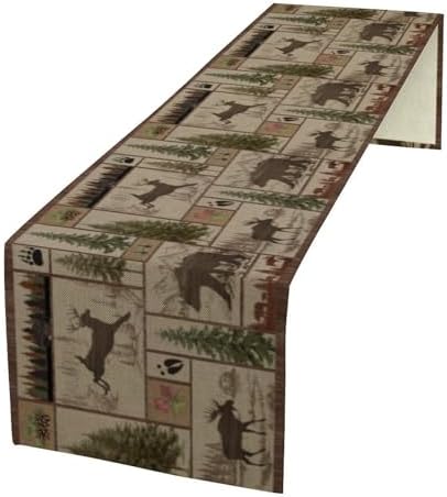 Rustic Bear Table Runner, Retro Vintage Bear Country Style Cabin Cottage Pine Tree Dinner Table Decoration for Home Kitchen Dining 13"x108"