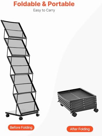 VEVOR Brochure Display Rack, Foldable 5 Pockets Magazine Literature Display Stand, Movable Floor Standing Magazine Rack with Wheels, Metal Newspaper Catalog Holders for Shop Exhibitions Office Show