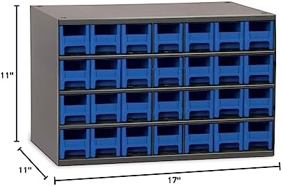 Akro-Mils Steel Garage Storage Cabinet, Small Parts Organizer Metal Cabinet for Hardware, Nails, Screws, Bolts, Nuts, and More, 17" W x 11" D x 11" H, 28-Drawer, Gray Cabinet/Blue Drawers (19228)