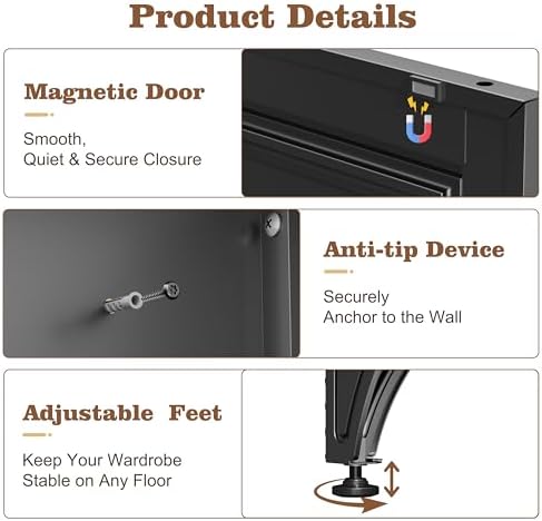 71" Black Metal Wardrobe Closet with Full-Length Mirror, 18" Deep Steel Armoire Clothes Storage Cabinet with Sturdy Hanging Rod & Adjustable Shelves for Bedroom Home Office