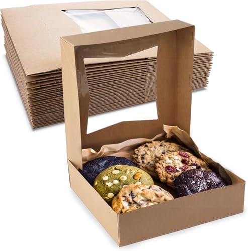 MT Products Kraft Cookie Boxes 8" x 8" x 2.5" - Auto Pop-Up Bakery Boxes with Window (Pack of 200) - Made in USA