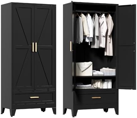 Washsemba 71'' Black Farmhouse Metal Wardrobe Cabinet with Hanging Rod, 2 Barn Door Wardrobe Closet with Adjustable Shelves,Drawer,for Dining Room,Bedroom,Living Room, Cloak Room,Office