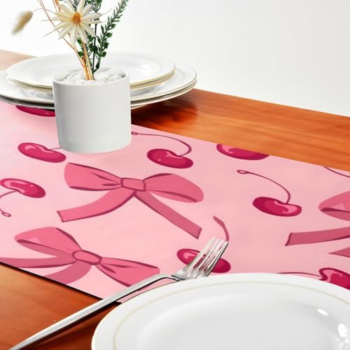 ALAZA Double-Sided Pink Bow Cherry Table Runner 18x72 Inches Long,Table Cloth Runner for Wedding Birthday Party Kitchen Dining Home Everyday Decor