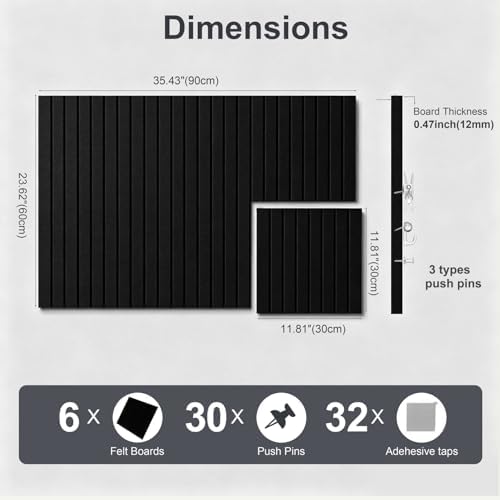 0.47" Thick Felt Pin Board 36"x24" Large Cork Board Alternative 6 Pack 11.81"x11.81"Felt Bulletin Board Wall Tiles Notice Board with 30 Pushpins for Home Office School(Fine-Black)