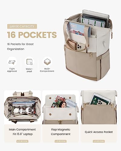 LOVEVOOK Laptop Backpack for Women, 15.6 Inch Work Laptop Bag with USB Port, Fashion Teacher Nurse Backpack Purse, Waterproof Travel Computer Backpack with Organizer Bag, 2PCS, Beige-Khaki